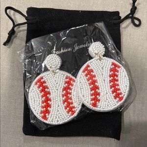 NEW - White and Red Beaded Baseball Earrings - never worn
